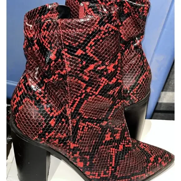 Womens Size 7 Kady Red Ankle Snake Skin Faux Leather Boots Pointy Toe Fashonnova - Picture 6 of 12